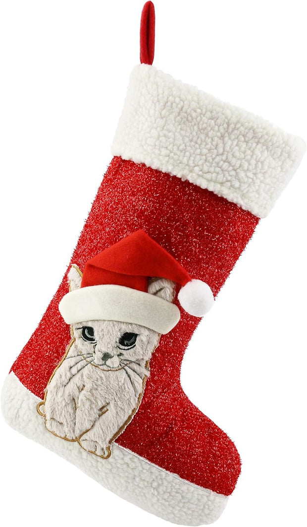 20'' Cute Cat Christmas Stockings Embroidered Xmas Socks Holiday Party Pet Theme Gift for Kitty