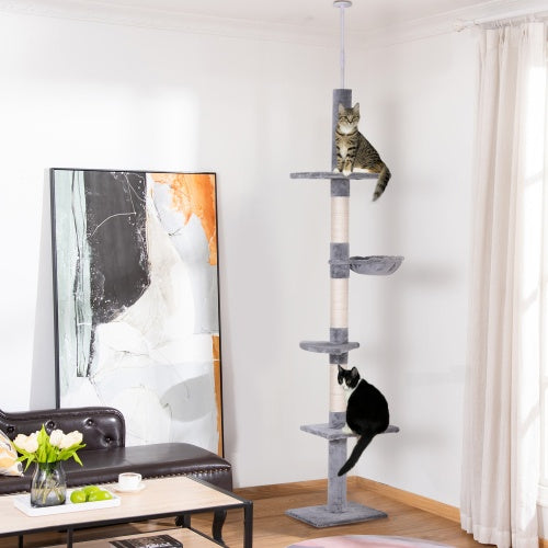 9 Foot Adjustable Height Floor To Ceiling Vertical Cat Tree - Grey And White