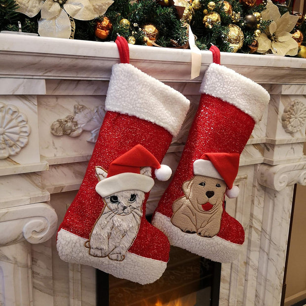 20'' Cute Cat Christmas Stockings Embroidered Xmas Socks Holiday Party Pet Theme Gift for Kitty