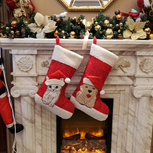 20'' Cute Cat Christmas Stockings Embroidered Xmas Socks Holiday Party Pet Theme Gift for Kitty