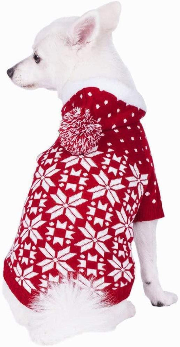 Let It Snow Classic Ugly Christmas Holiday Snowflake Pullover Hoodie Dog Sweater in Red and White, Back Length 20", Pack of 1 Clothes for Dogs