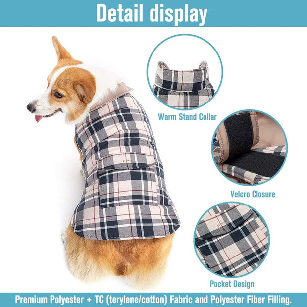 Dog Winter Clothes Reversible Jacket Warm Coat Windproof Waterproof Plaid Vest Christmas Suit for Small Medium Large Dogs Pets Cold Weather Wearing, Cream L