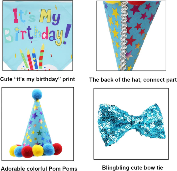 Dog Birthday Bandana Scarf and Dog Girl Boy Birthday Party Hat with Cute Dog Bow Tie for Medium Large Dog Pet (Large, Blue)