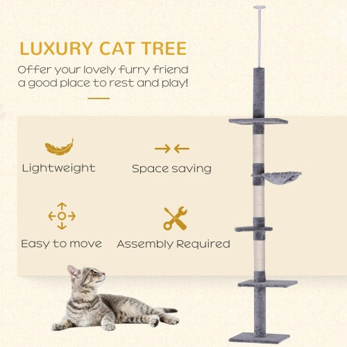 9 Foot Adjustable Height Floor To Ceiling Vertical Cat Tree - Grey And White