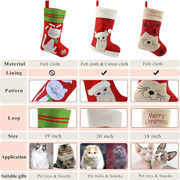 20'' Cute Cat Christmas Stockings Embroidered Xmas Socks Holiday Party Pet Theme Gift for Kitty