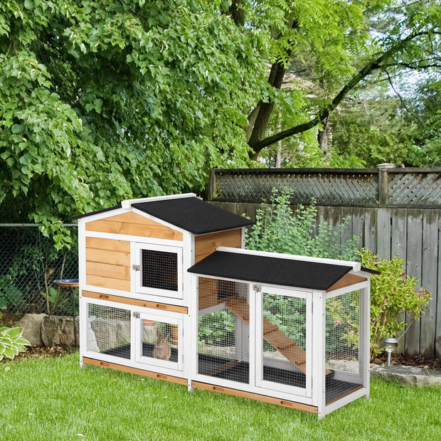 2-Storey Rabbit Hutch - Wooden Bunny House with Ramp for Small Animals