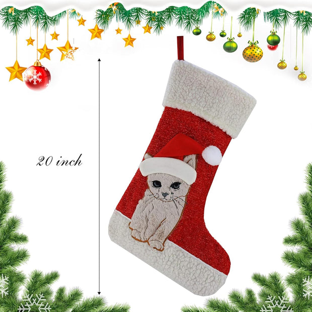 20'' Cute Cat Christmas Stockings Embroidered Xmas Socks Holiday Party Pet Theme Gift for Kitty