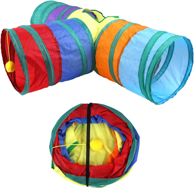 32Pcs Cat Toys Kitten Interactive Pet Toys Assortments, Foldable Rainbow Tunnel, Teaser Wand Fluffy Mouse Crinkle Balls Bell Play for Puppy Kitty (3 Way)