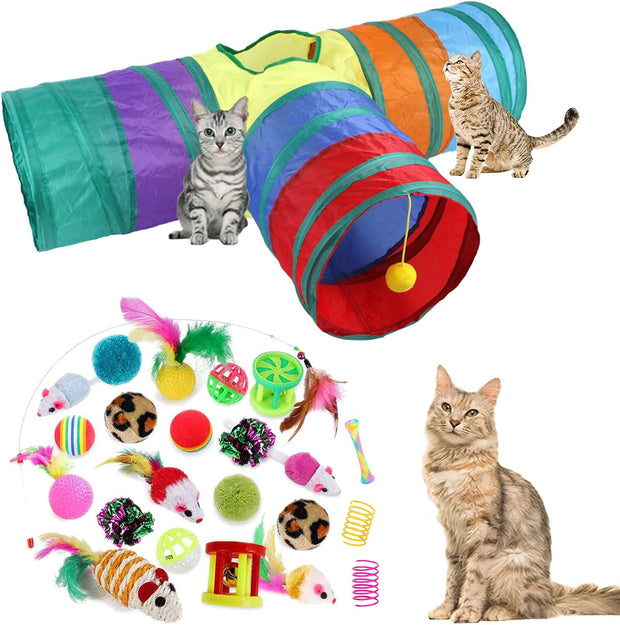 32Pcs Cat Toys Kitten Interactive Pet Toys Assortments, Foldable Rainbow Tunnel, Teaser Wand Fluffy Mouse Crinkle Balls Bell Play for Puppy Kitty (3 Way)