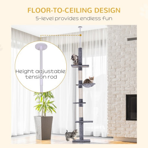 9 Foot Adjustable Height Floor To Ceiling Vertical Cat Tree - Grey And White