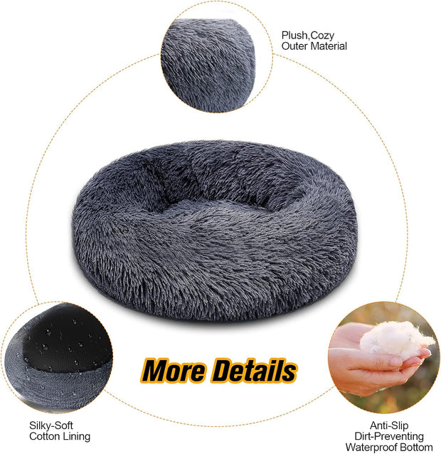 Dog Bed Comfortable Cat Bed Cuddler round Dog Pillow Bed Nest Anti-Slip Faux Fur Ultra Soft Washable Pet Cushion Bed for Dog Cat Joint-Relief Improved Sleep Dark Gray (28'' X 28'')