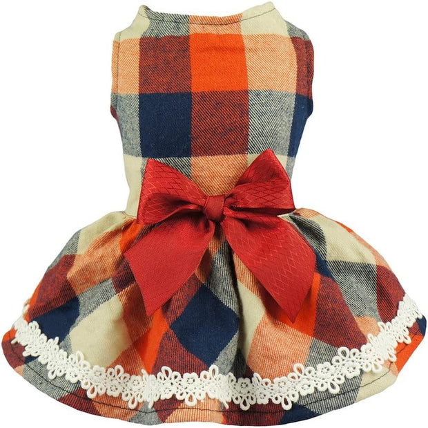 Christmas Elegant Lace Plaid Dog Dress for Pet Clothes Shirts Apparel, Small