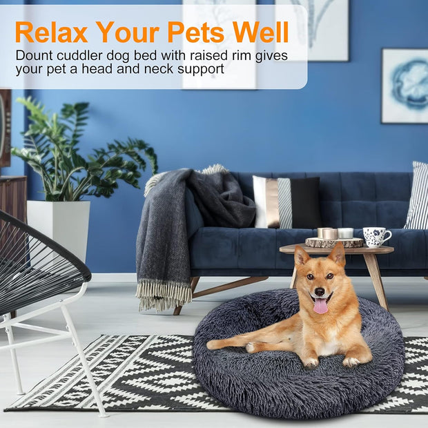 Dog Bed Comfortable Cat Bed Cuddler round Dog Pillow Bed Nest Anti-Slip Faux Fur Ultra Soft Washable Pet Cushion Bed for Dog Cat Joint-Relief Improved Sleep Dark Gray (28'' X 28'')